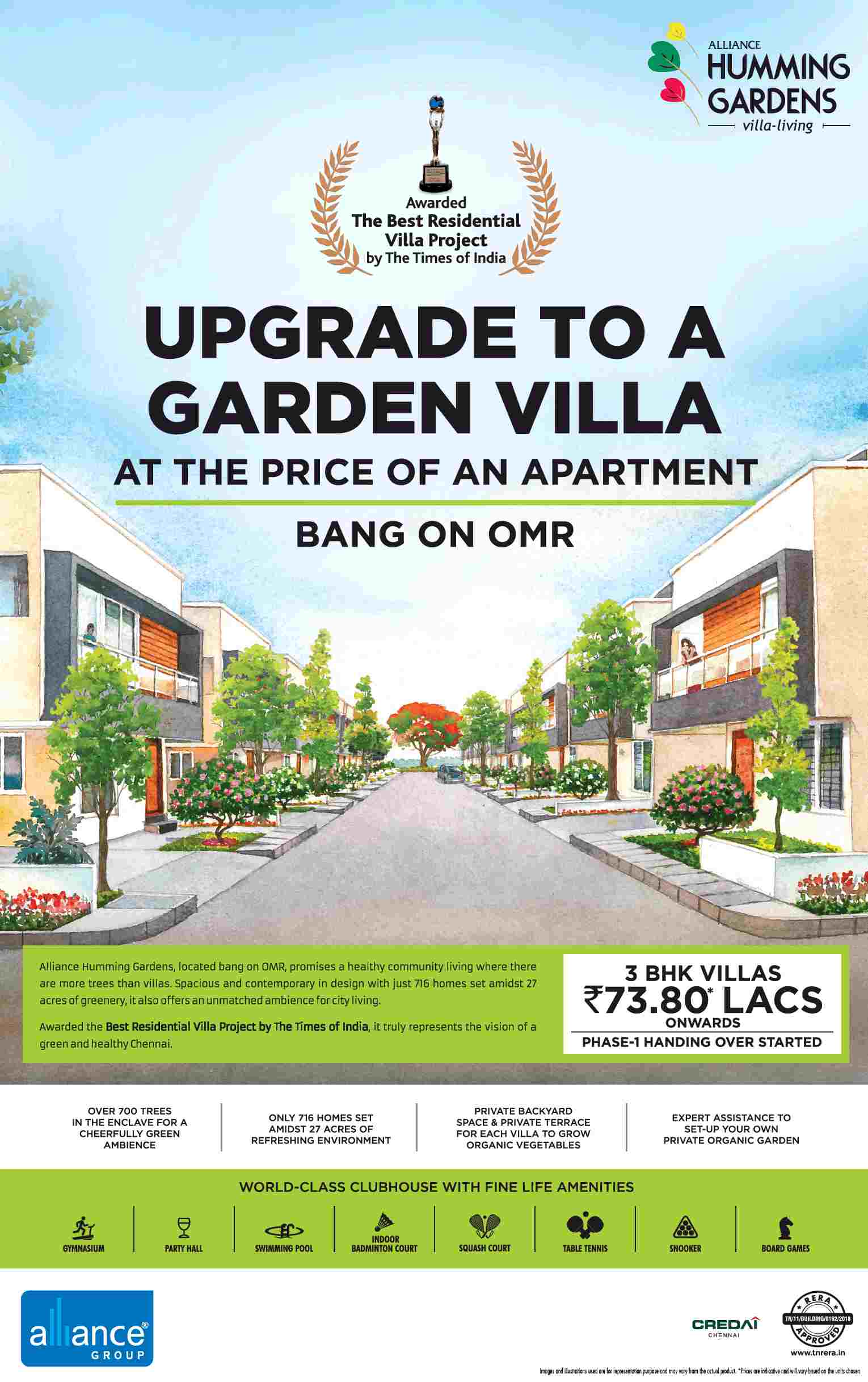 Own 3 BHK villas @ Rs 73.80 Lacs at Alliance Humming Gardens in Chennai